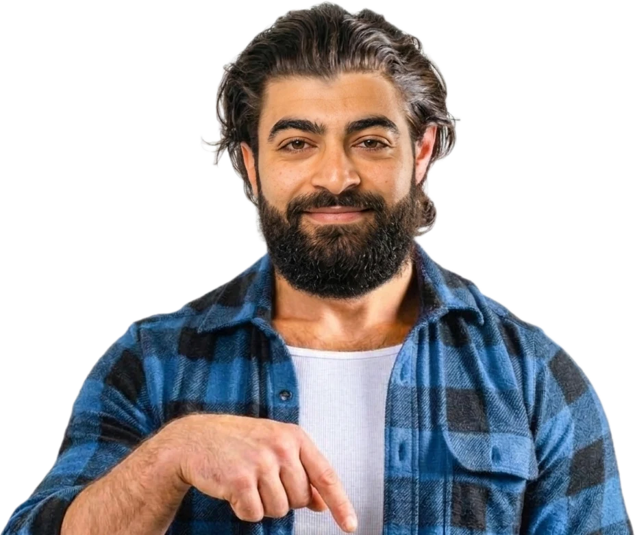 Hikmat pointing at the book covers